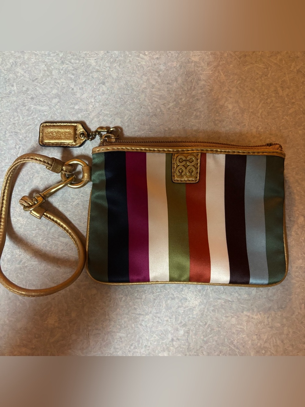 Vintage Coach Julia Legacy Satin Striped Gold Leather Preppy Small Wristlet